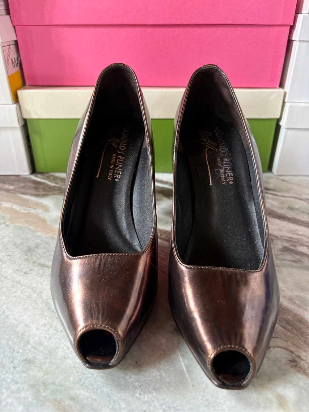 Donald J. Pliner Metallic Bronze Peep-Toe Heels